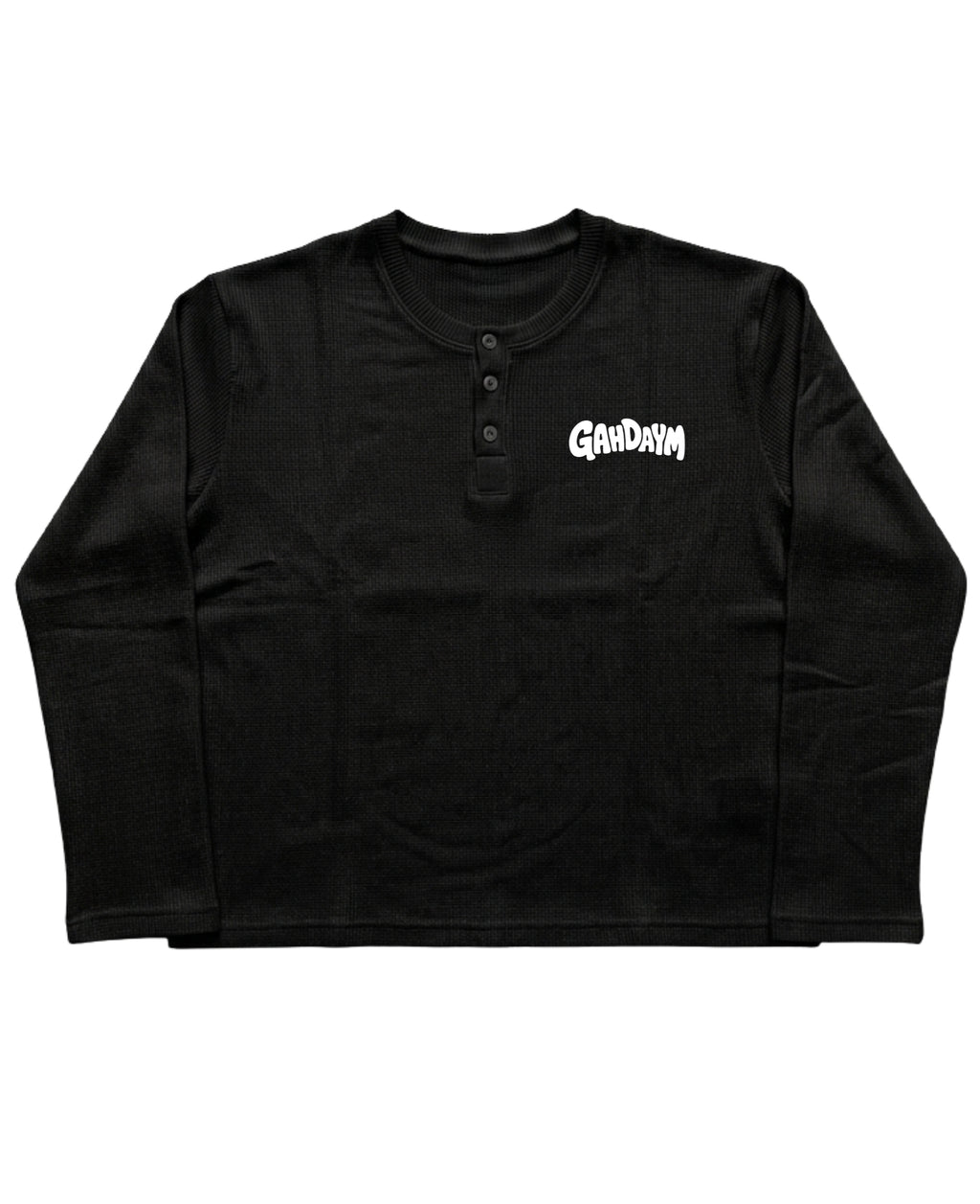 Black Henley waffle knit Front Design