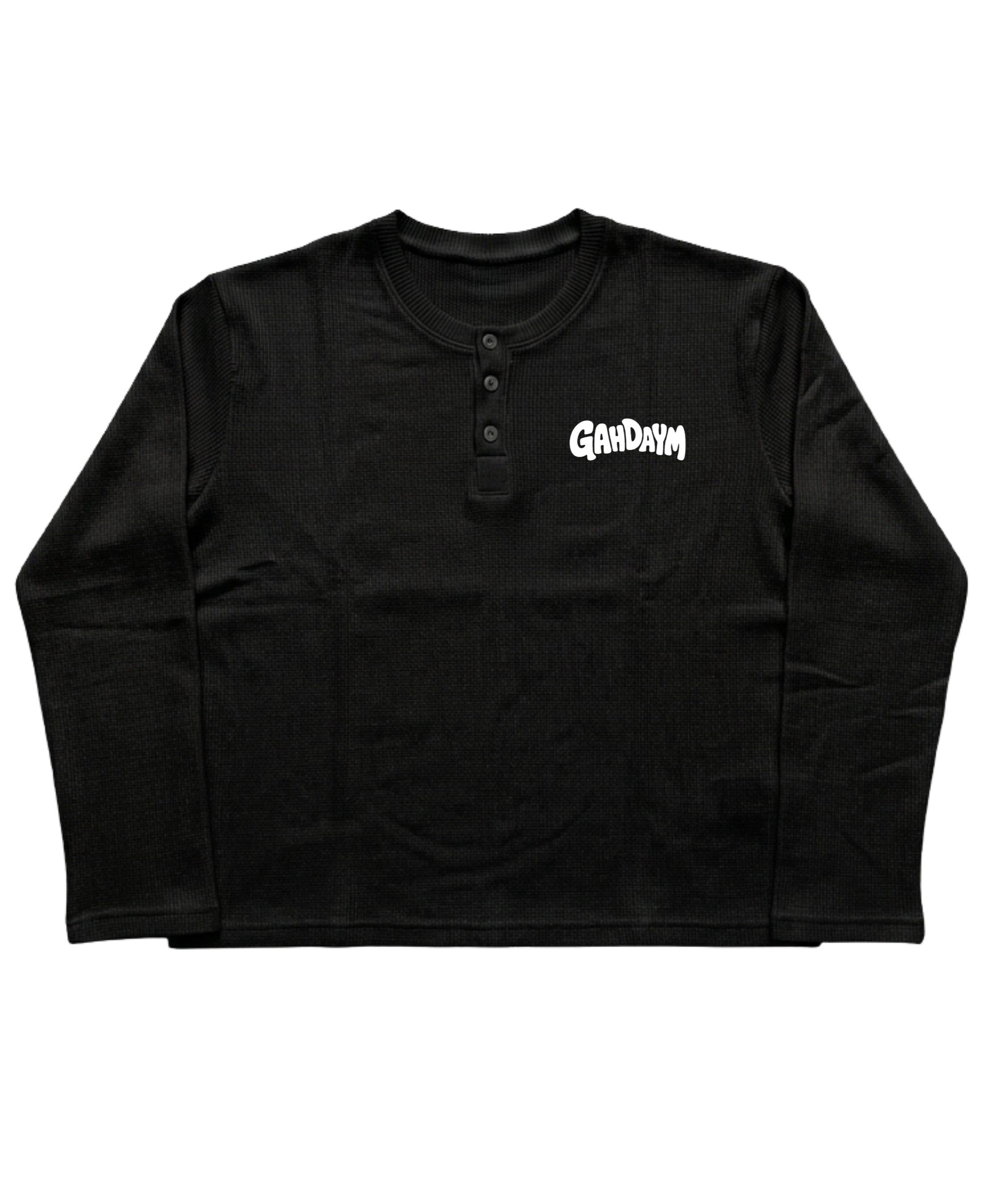 Black Henley waffle knit Front Design