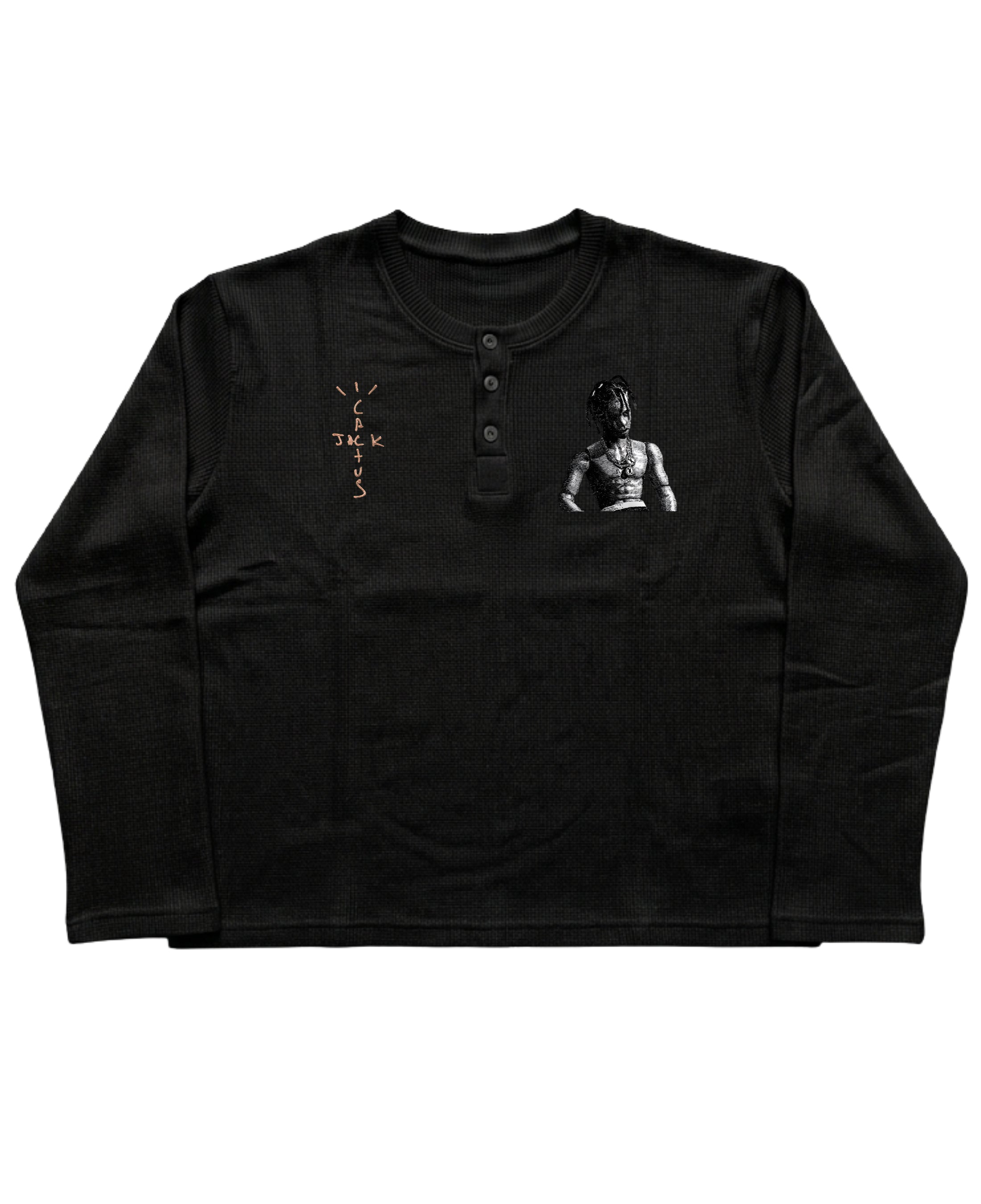 Black Henley waffle knit Front Design